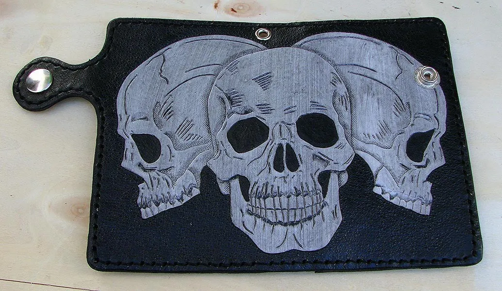 3 skull mens leather wallet Bifold motorcycle biker style