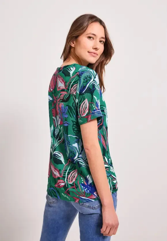 344759- Linen Flower Print Blouse Green- Cecil