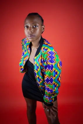 African Bomber Jacket In Electric Blue Kente Print