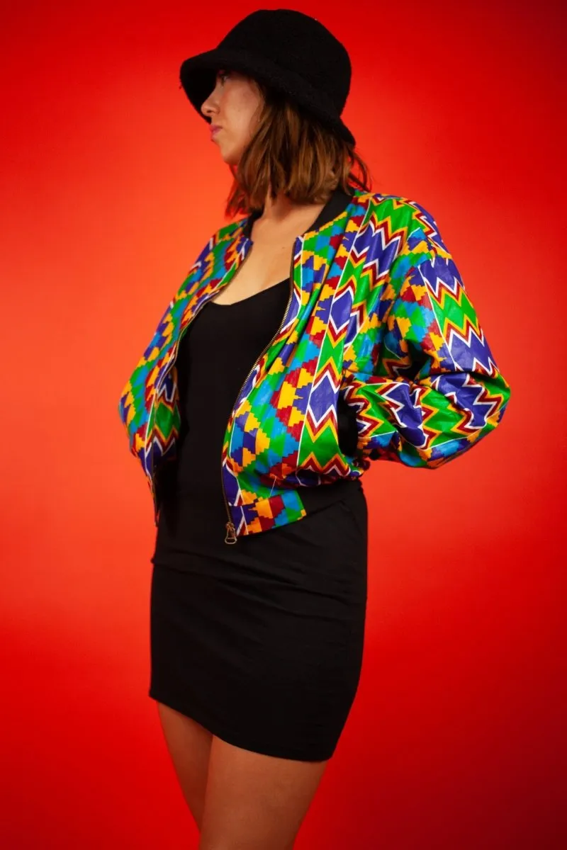 African Bomber Jacket In Electric Blue Kente Print