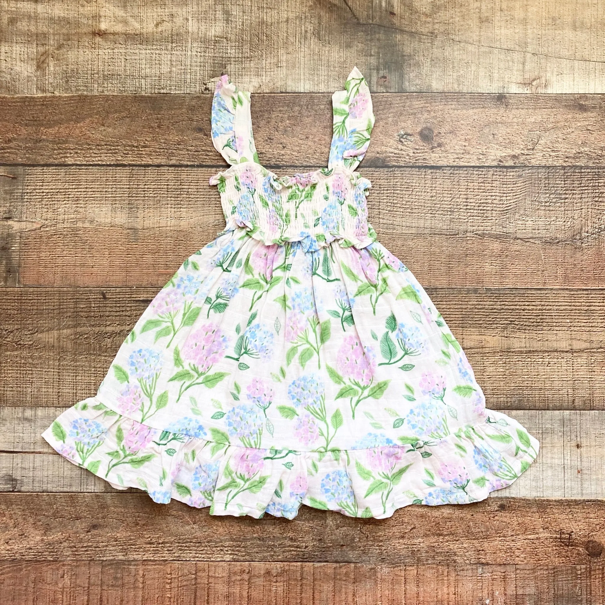 Angel Dear Cream/Green/Lilac/Blue Floral Print Muslin with Ruffle Straps Smocked Dress- Size 3T