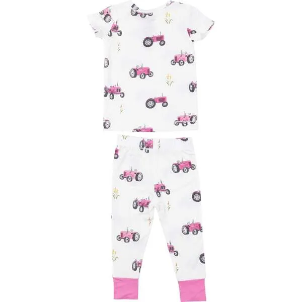 Angel Dear Pink Tractors S/S Loungewear Set, White