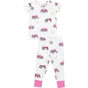 Angel Dear Pink Tractors S/S Loungewear Set, White