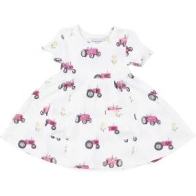 Angel Dear Pink Tractors S/S Twirly Dress, White