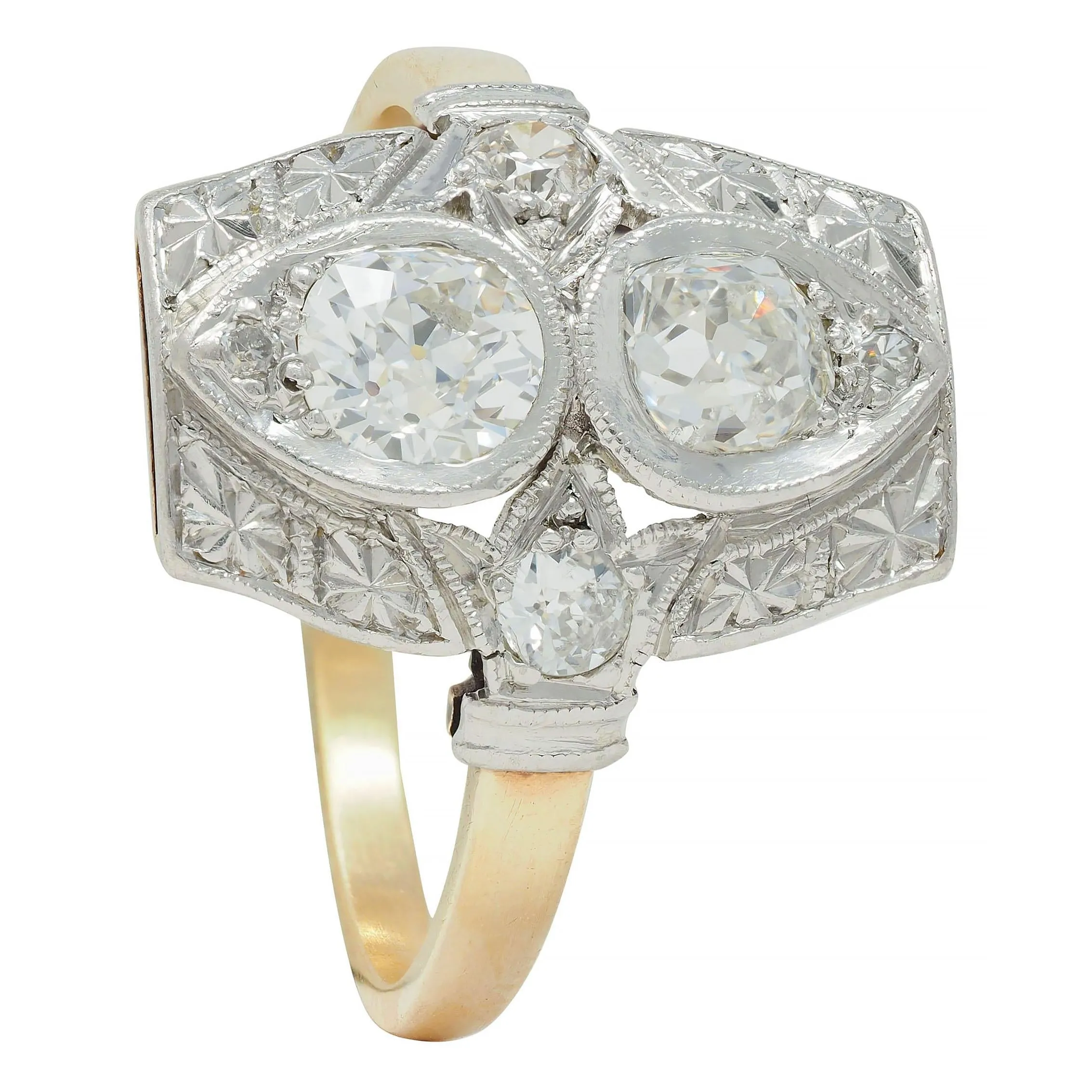 Art Deco 0.82 CTW Diamond Platinum 14 Karat Gold Lotus Toi-Et-Moi Antique Dinner Ring