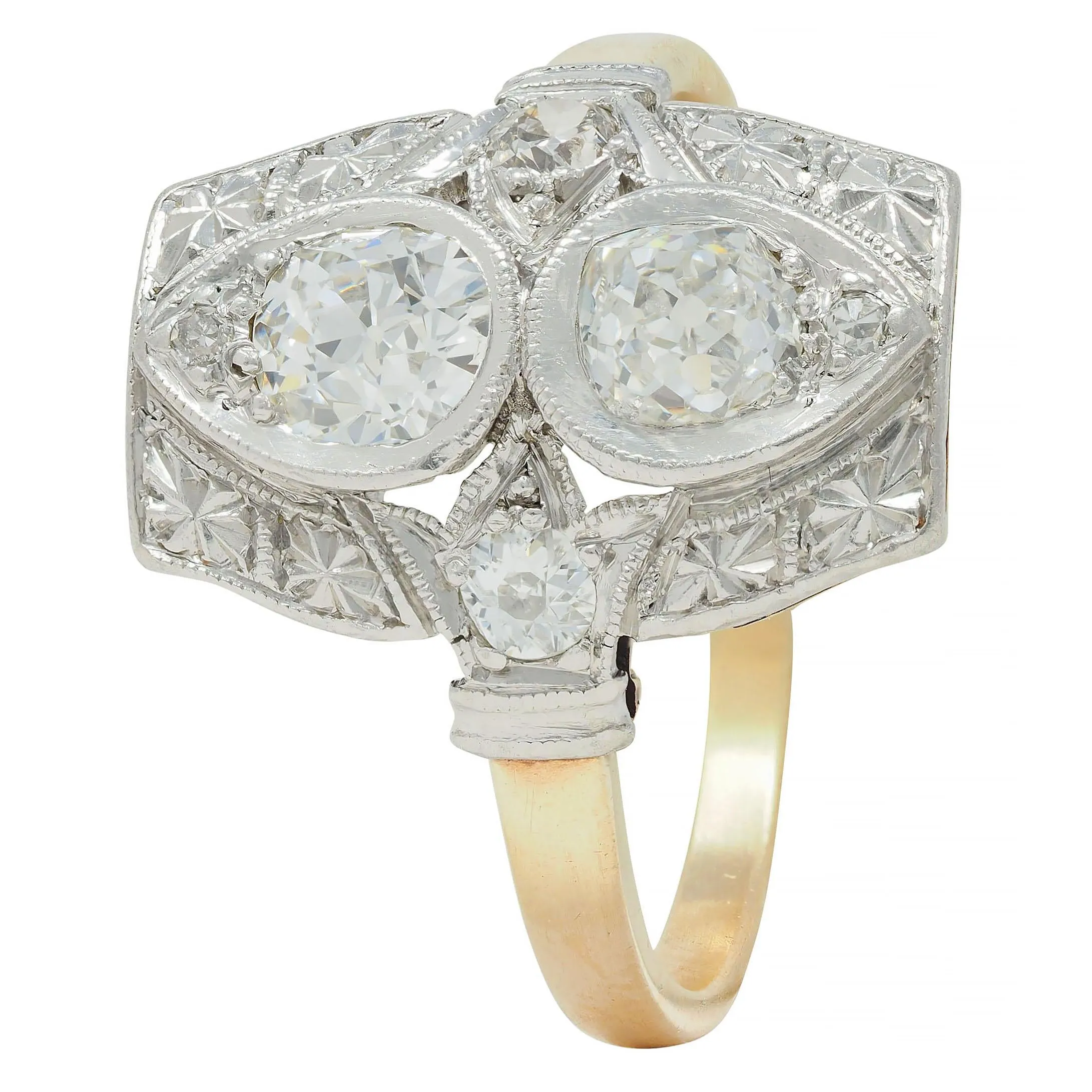 Art Deco 0.82 CTW Diamond Platinum 14 Karat Gold Lotus Toi-Et-Moi Antique Dinner Ring