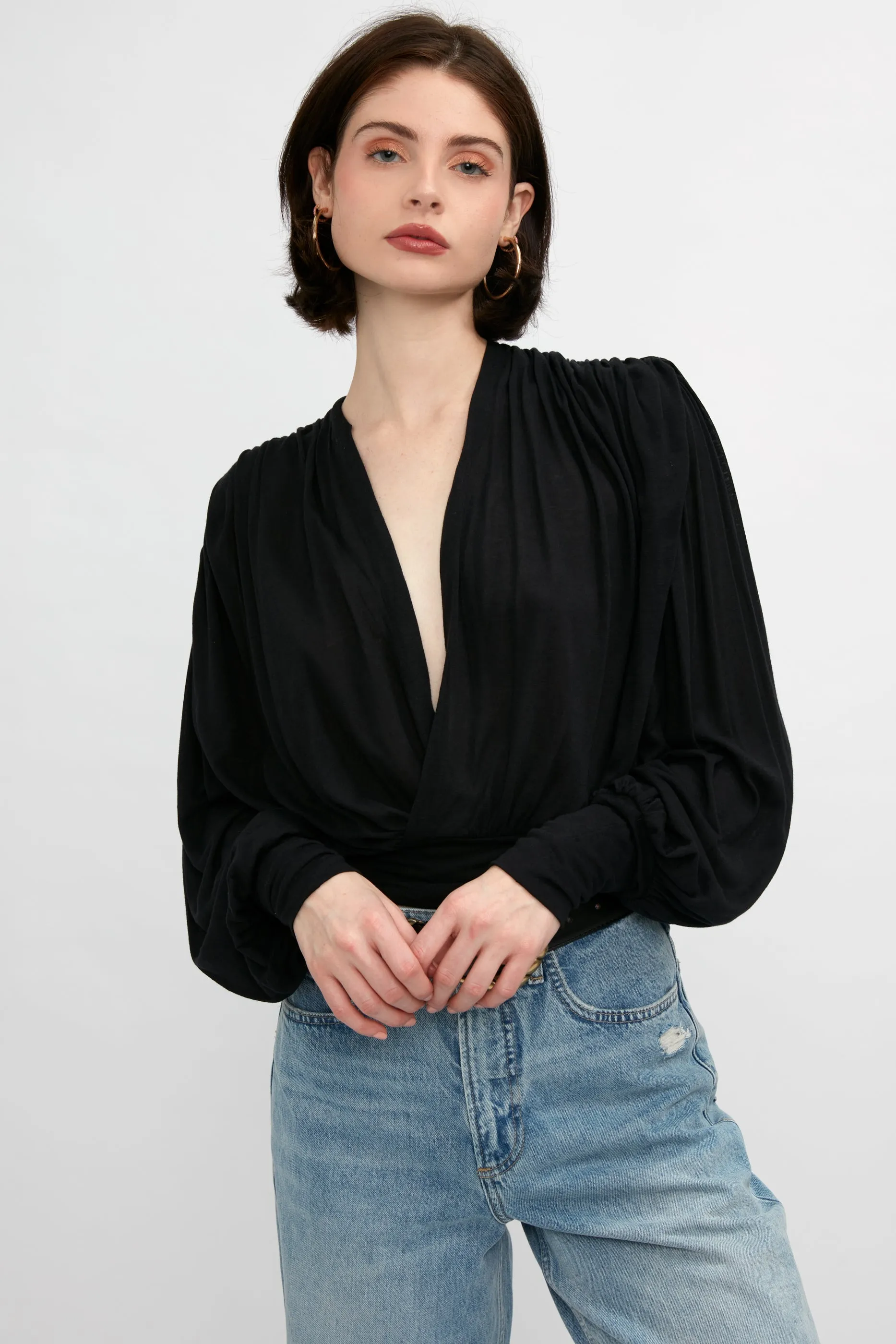 Barba V-Neck Blouse in Black