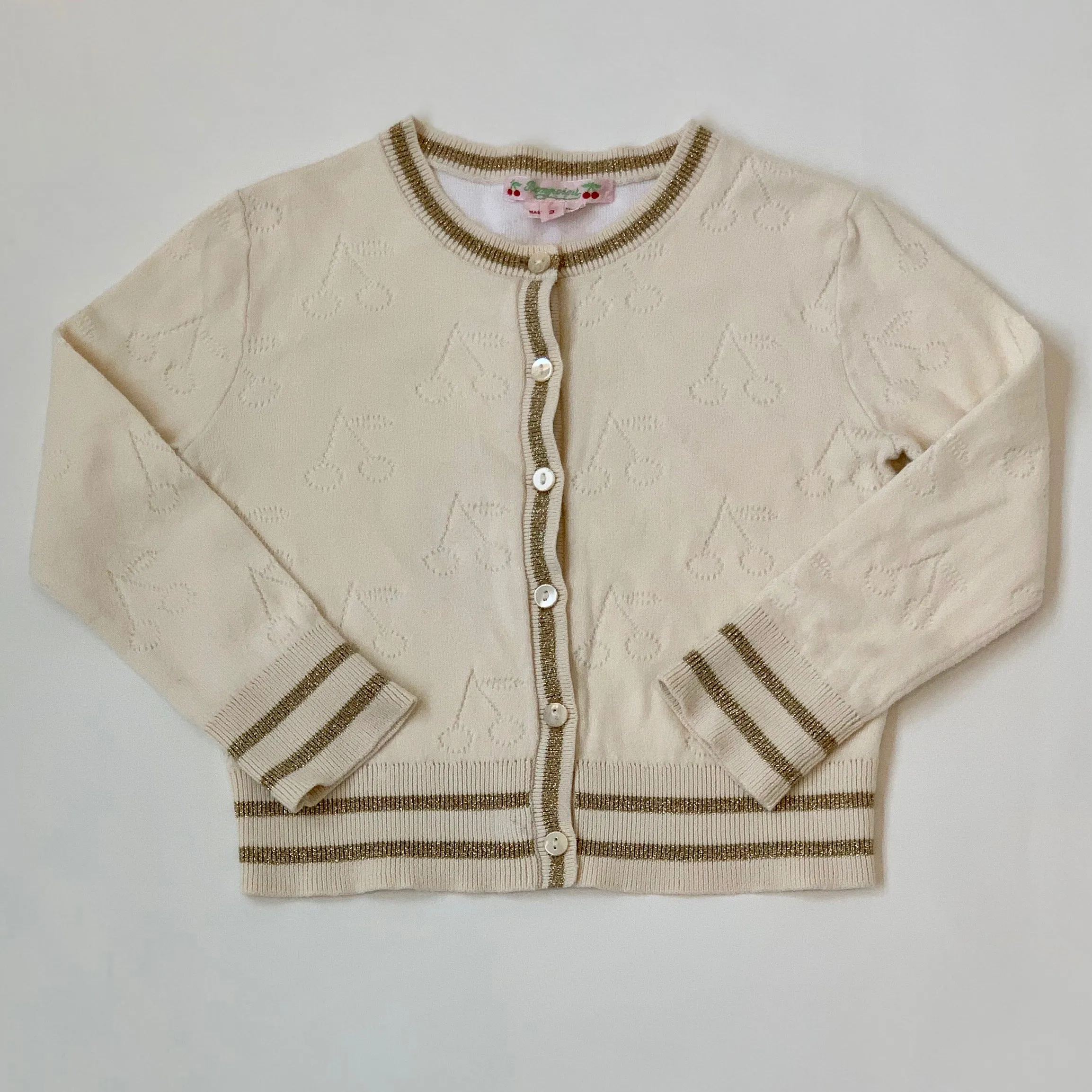 Bonpoint Cream Cherry Print Cardigan With Gold Trim: 8 Years