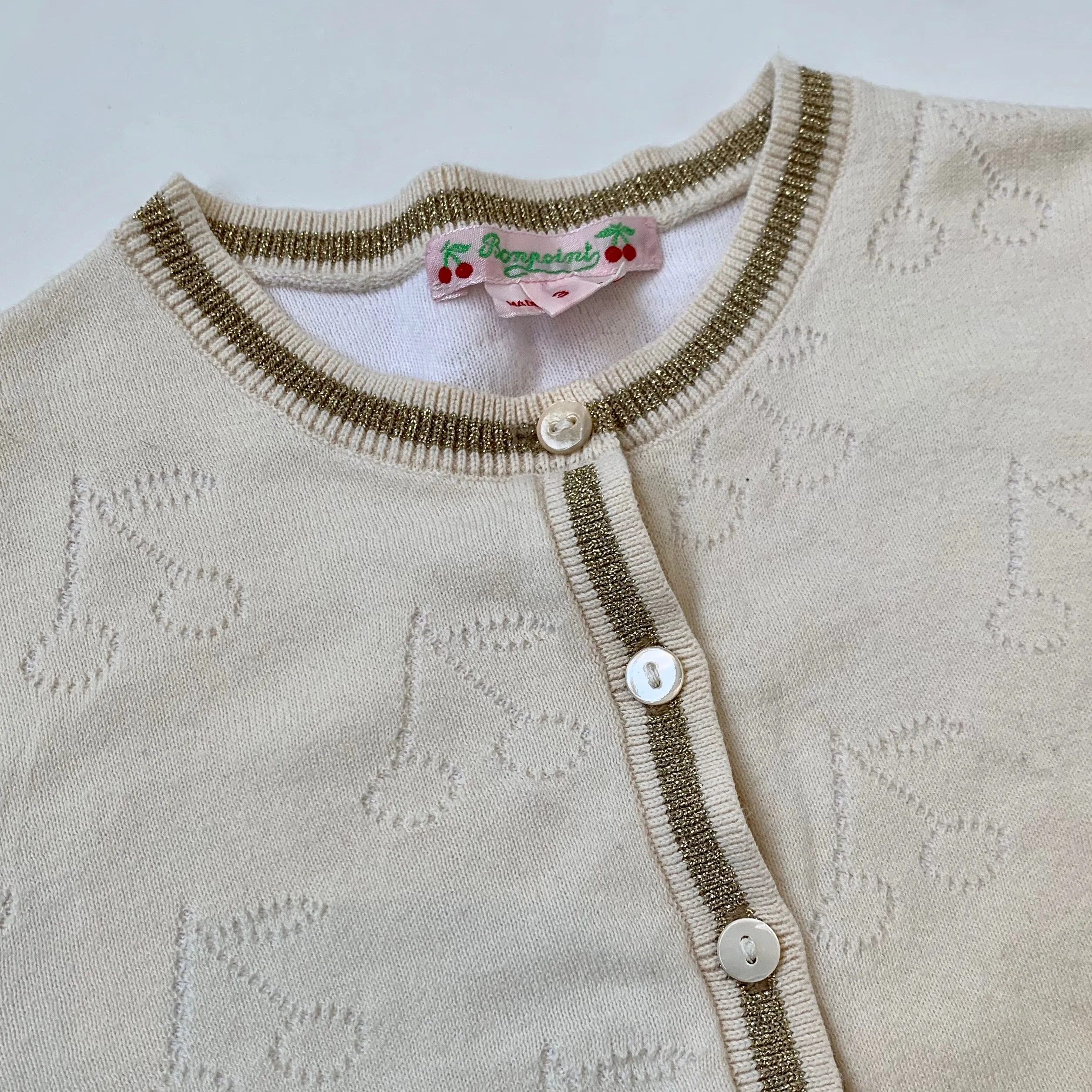 Bonpoint Cream Cherry Print Cardigan With Gold Trim: 8 Years