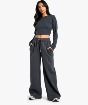 boohoo Womens Petite Double Zip Long Sleeve Rib Top And Straight Leg Jogger Set