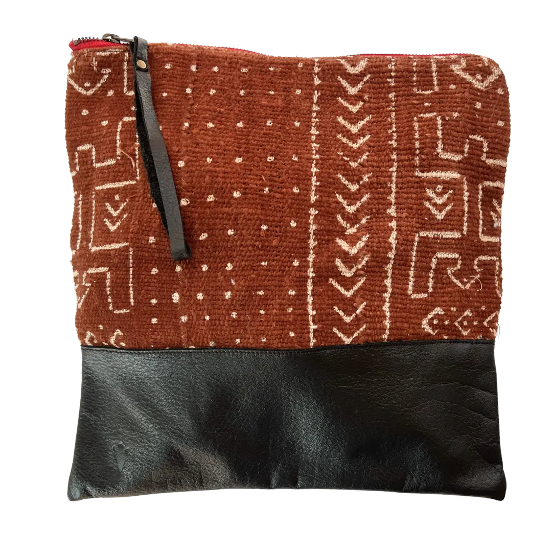 Brown Mudcloth Large Clutch in Black Leather