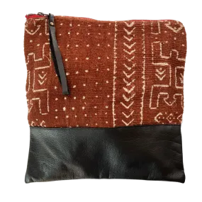 Brown Mudcloth Large Clutch in Black Leather