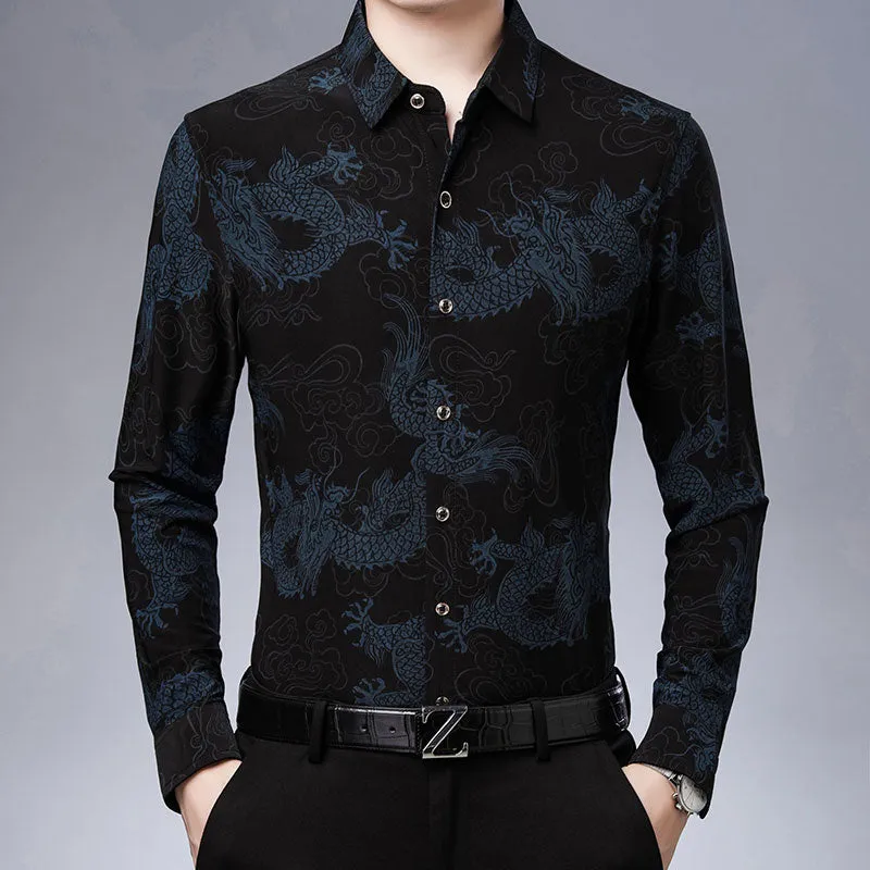 Casual Korean Fashion Luxury Animal Pattern Long Sleeve Shirt for Men