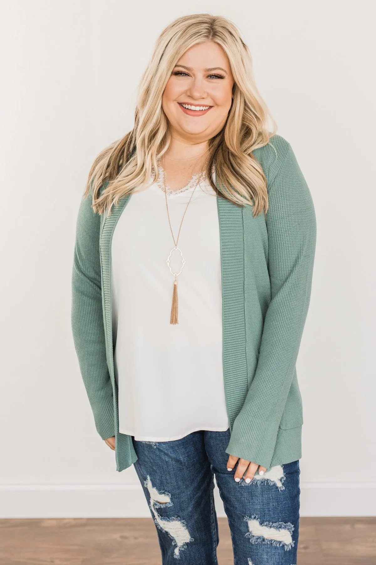 Cloud Nine Waffle Knit Cardigan- Dusty Jade