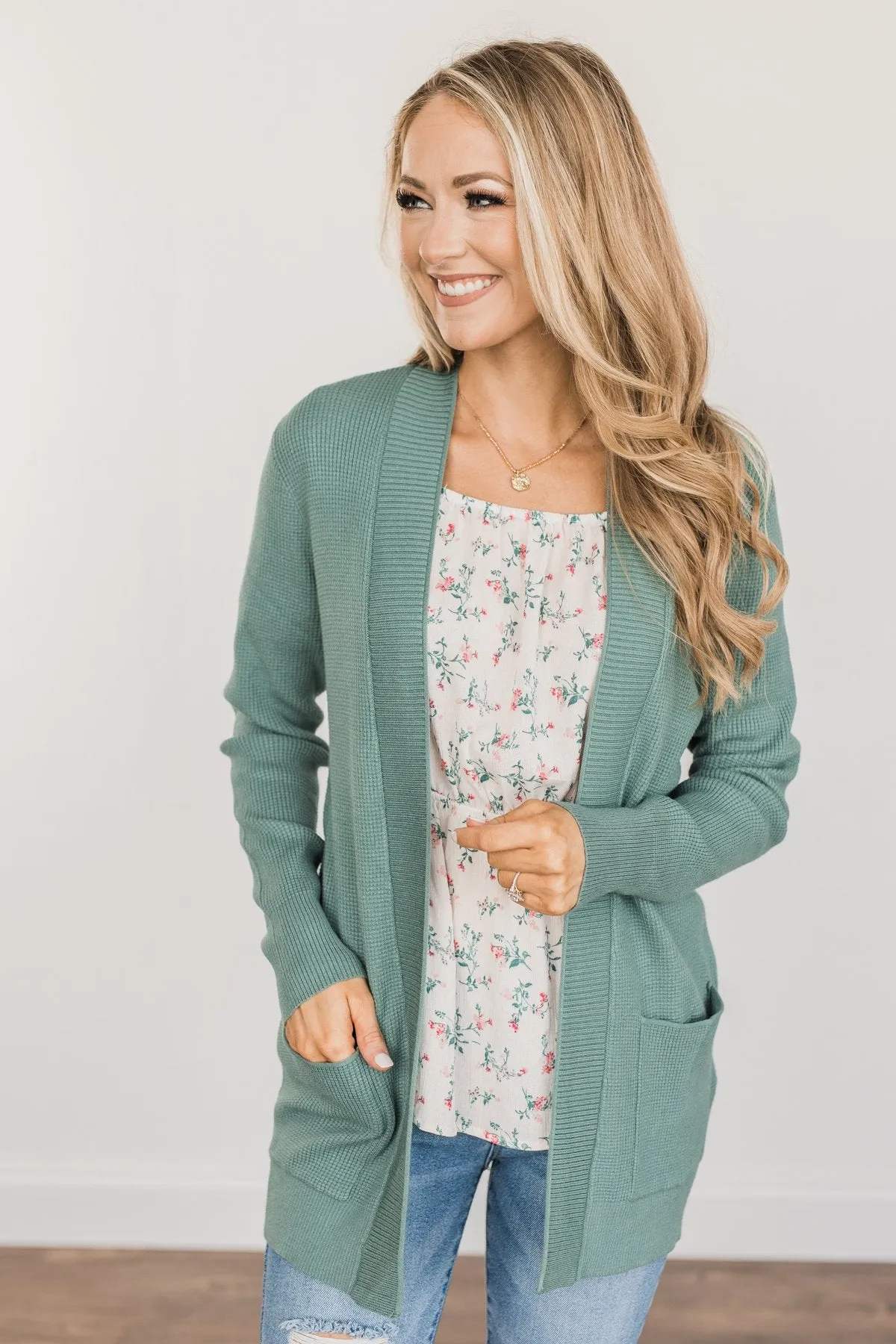 Cloud Nine Waffle Knit Cardigan- Dusty Jade