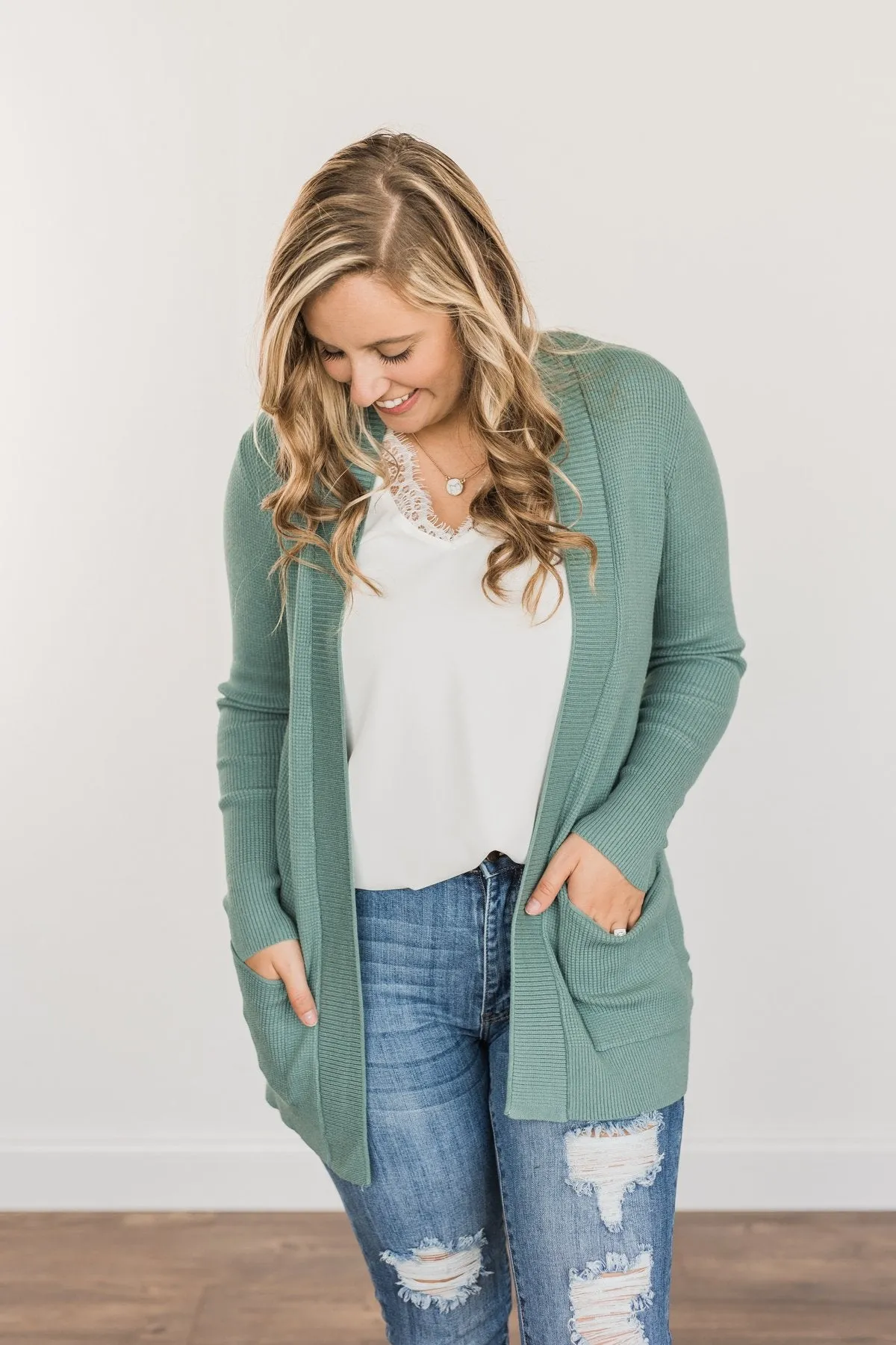 Cloud Nine Waffle Knit Cardigan- Dusty Jade