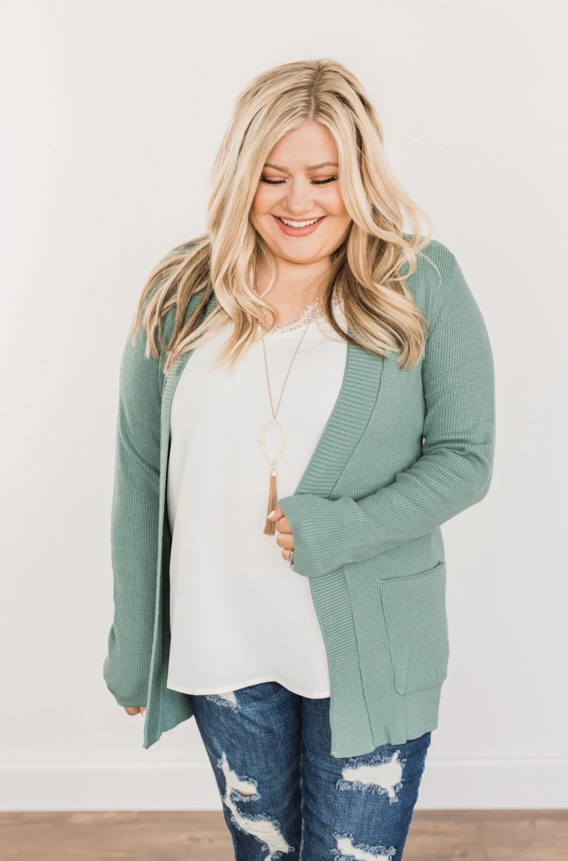 Cloud Nine Waffle Knit Cardigan- Dusty Jade