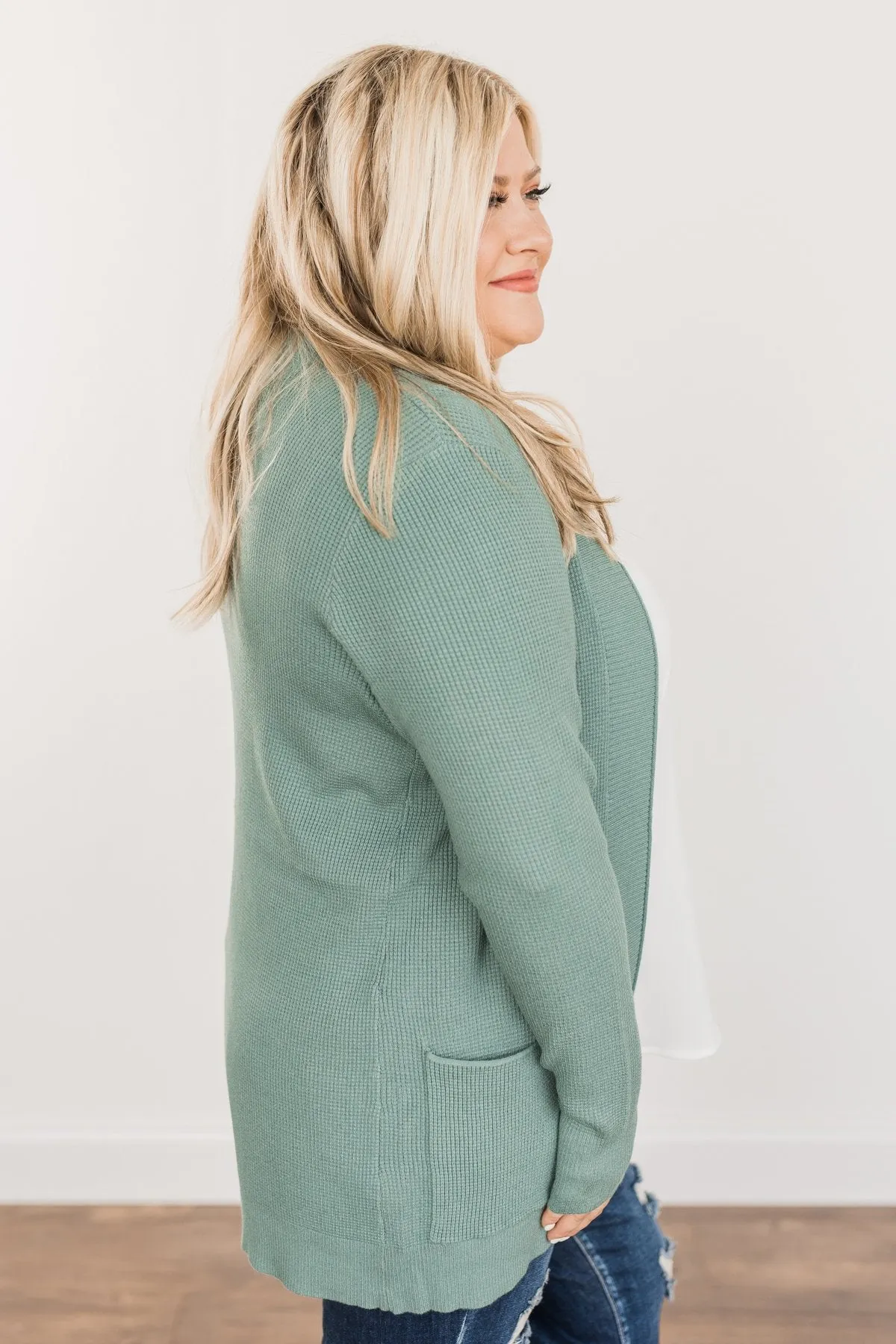 Cloud Nine Waffle Knit Cardigan- Dusty Jade