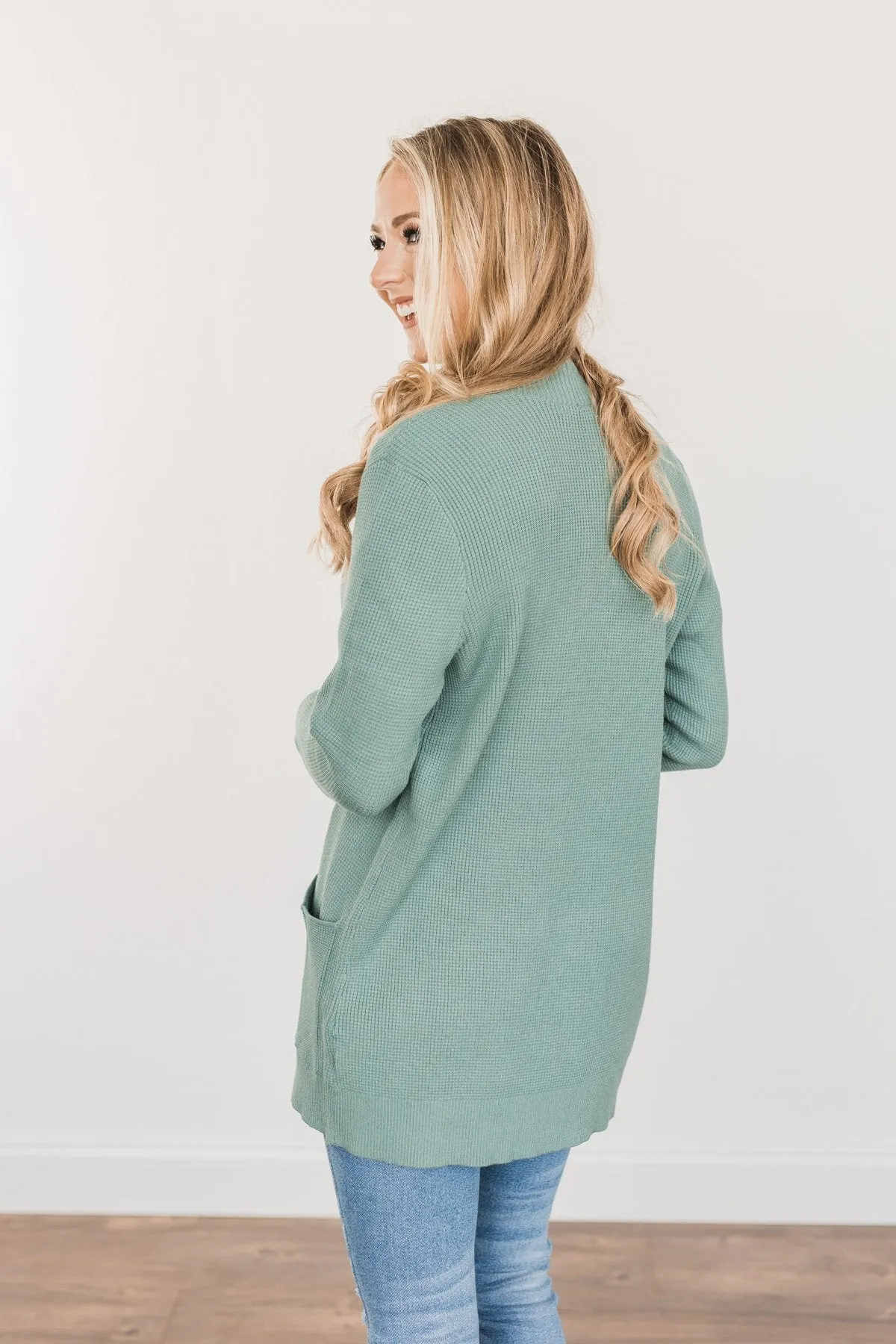 Cloud Nine Waffle Knit Cardigan- Dusty Jade