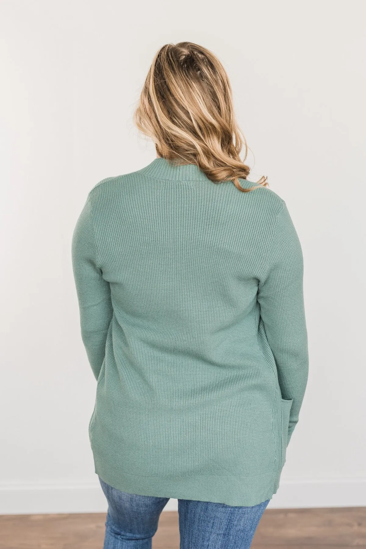 Cloud Nine Waffle Knit Cardigan- Dusty Jade