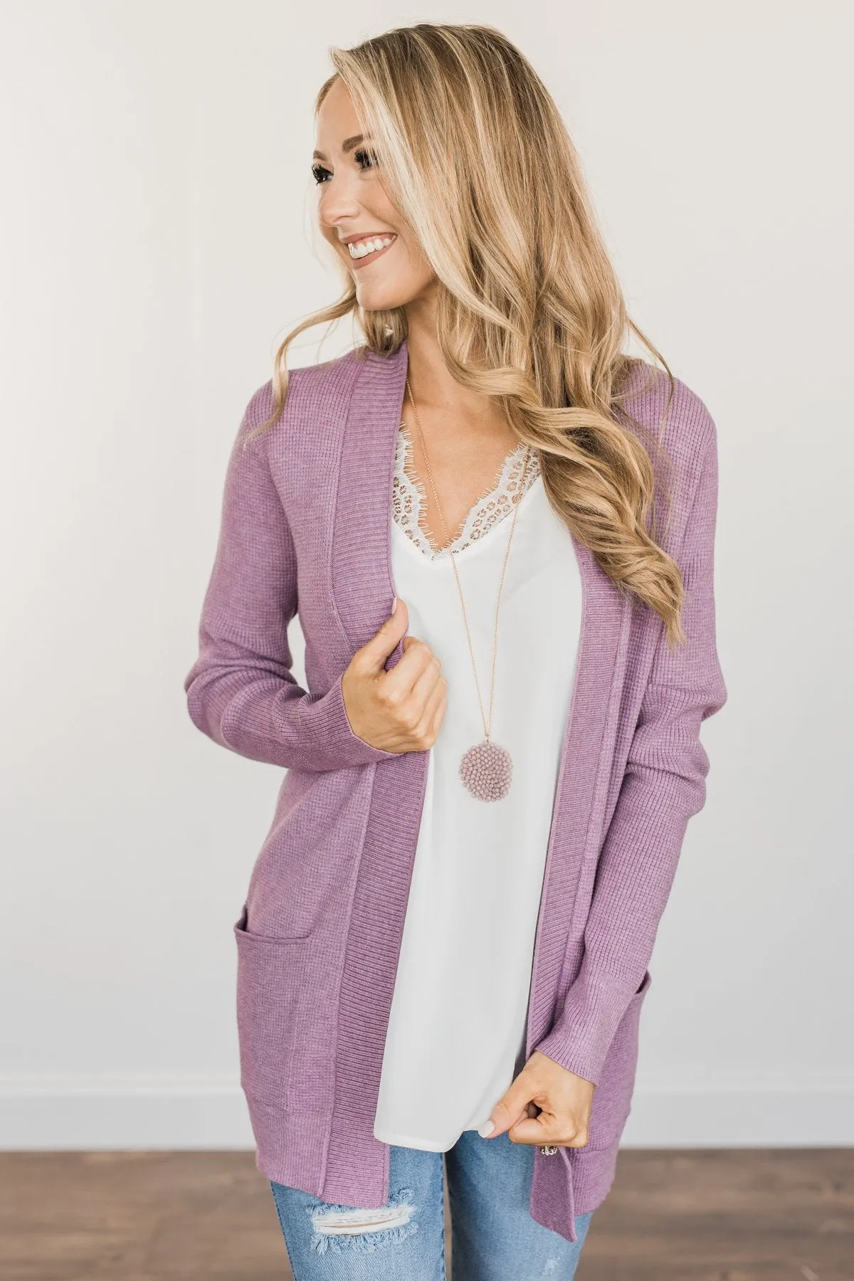 Cloud Nine Waffle Knit Cardigan- Lavender