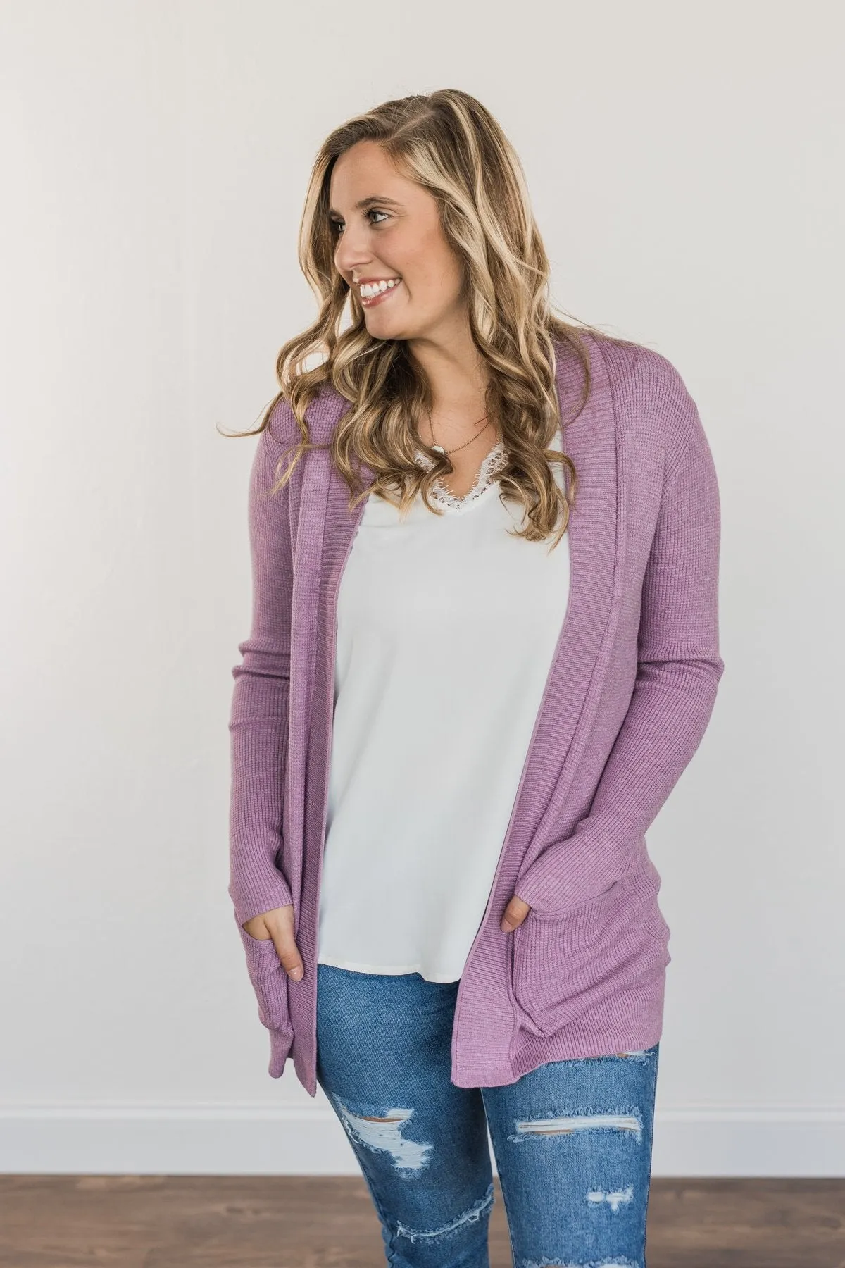 Cloud Nine Waffle Knit Cardigan- Lavender