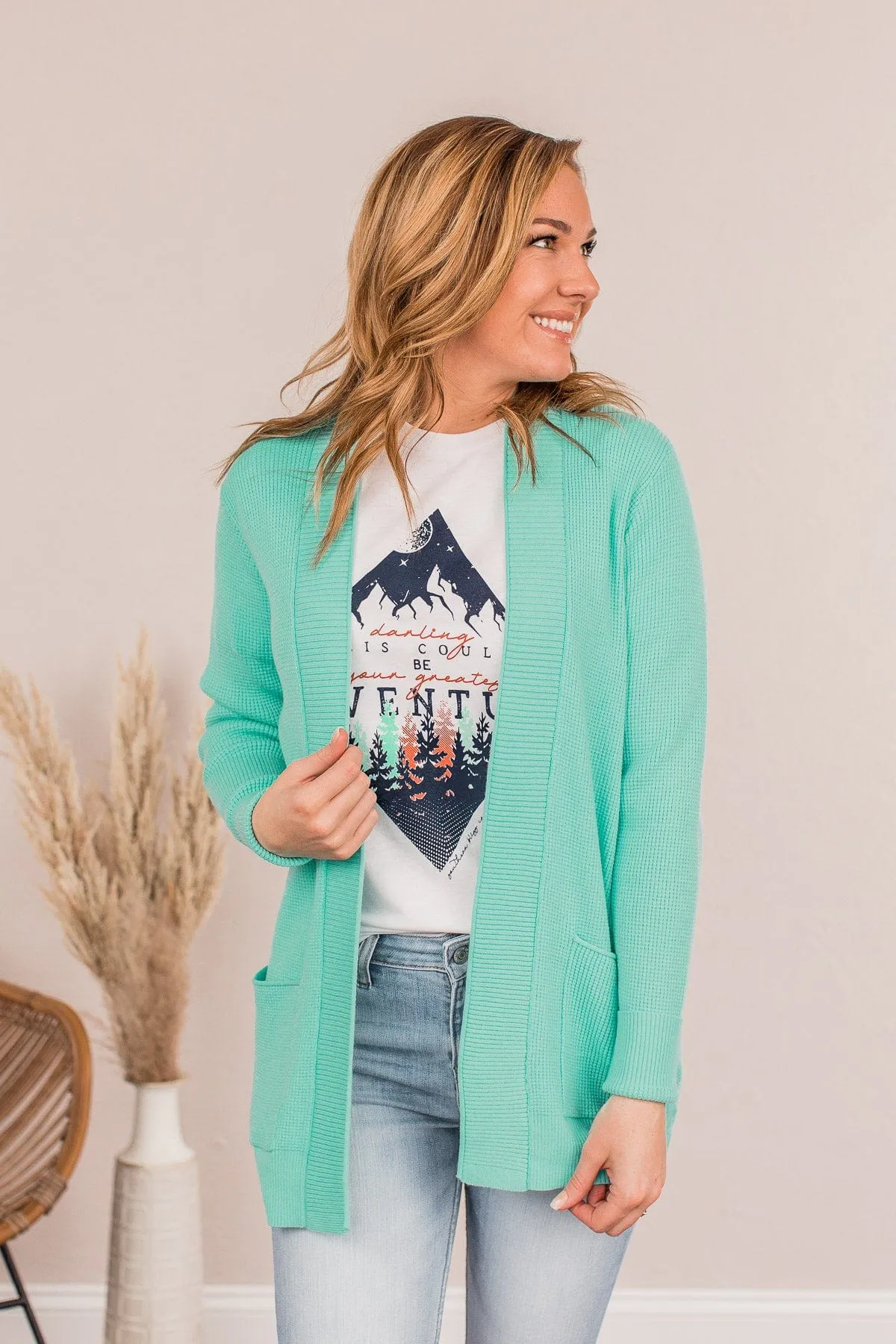 Cloud Nine Waffle Knit Cardigan- Mint