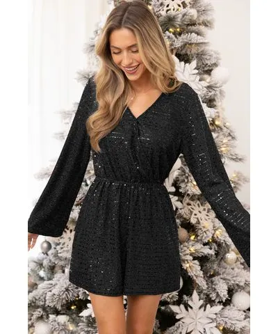 Cupshe Black Sequin Long Sleeve Wide Leg Romper