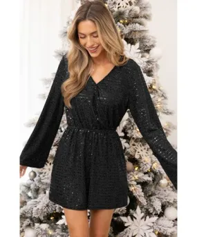 Cupshe Black Sequin Long Sleeve Wide Leg Romper