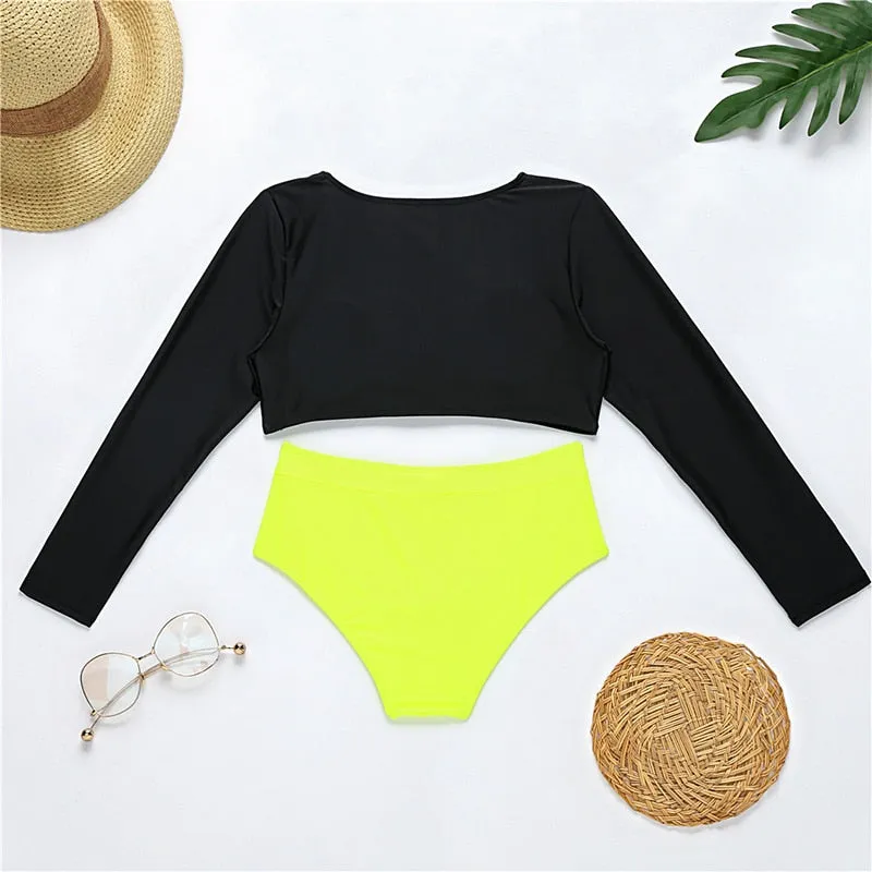 Deep V Long Sleeve Crop Top High Waist Brazilian Bikini Beachwear