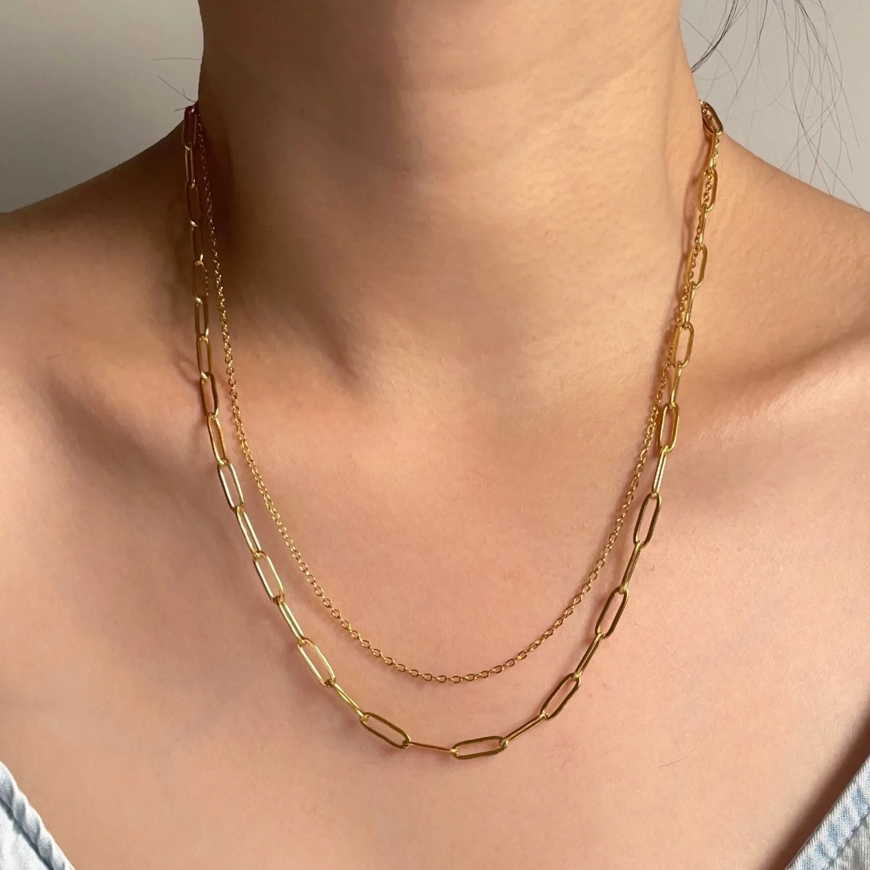 Double Layer Paperclip Necklace Gold