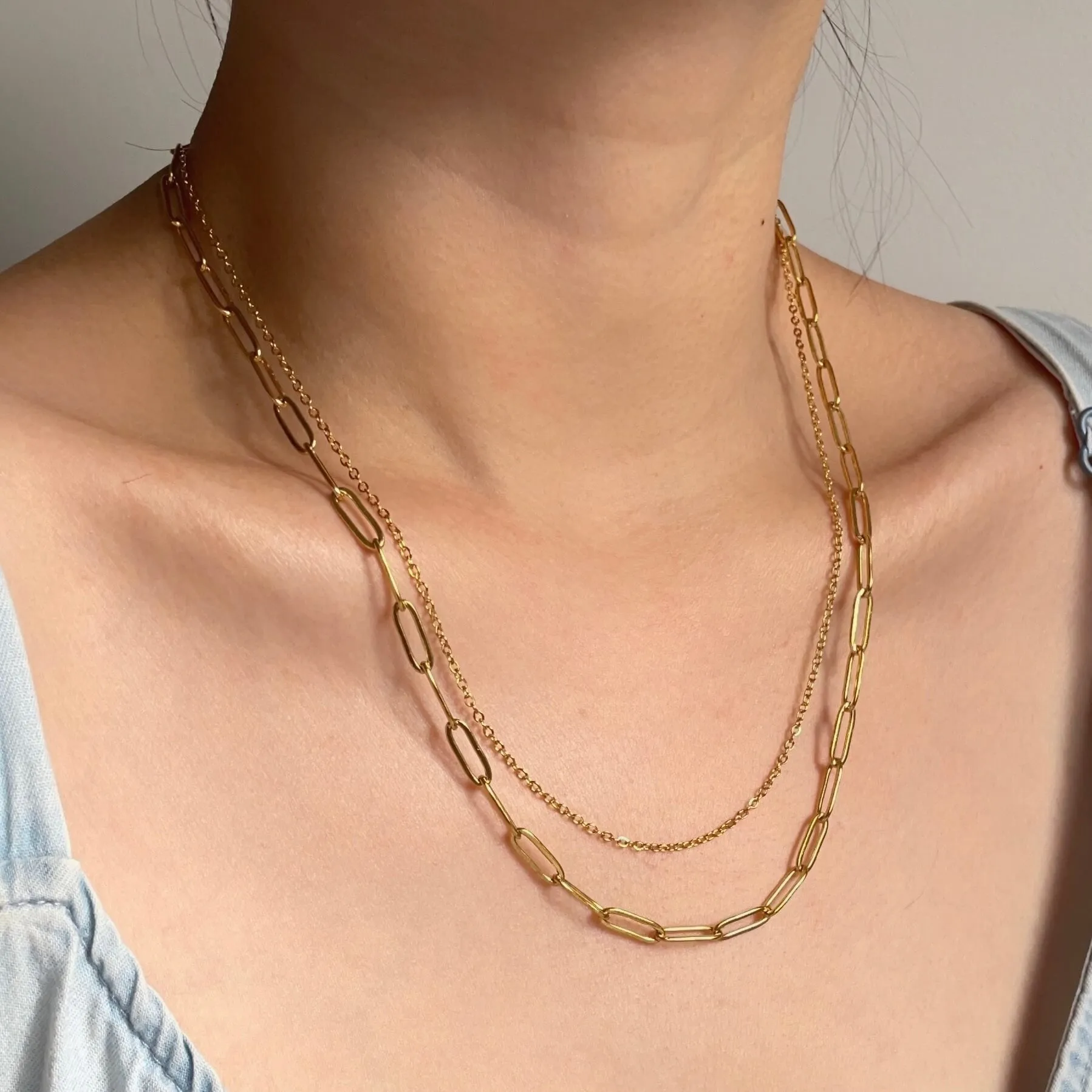 Double Layer Paperclip Necklace Gold