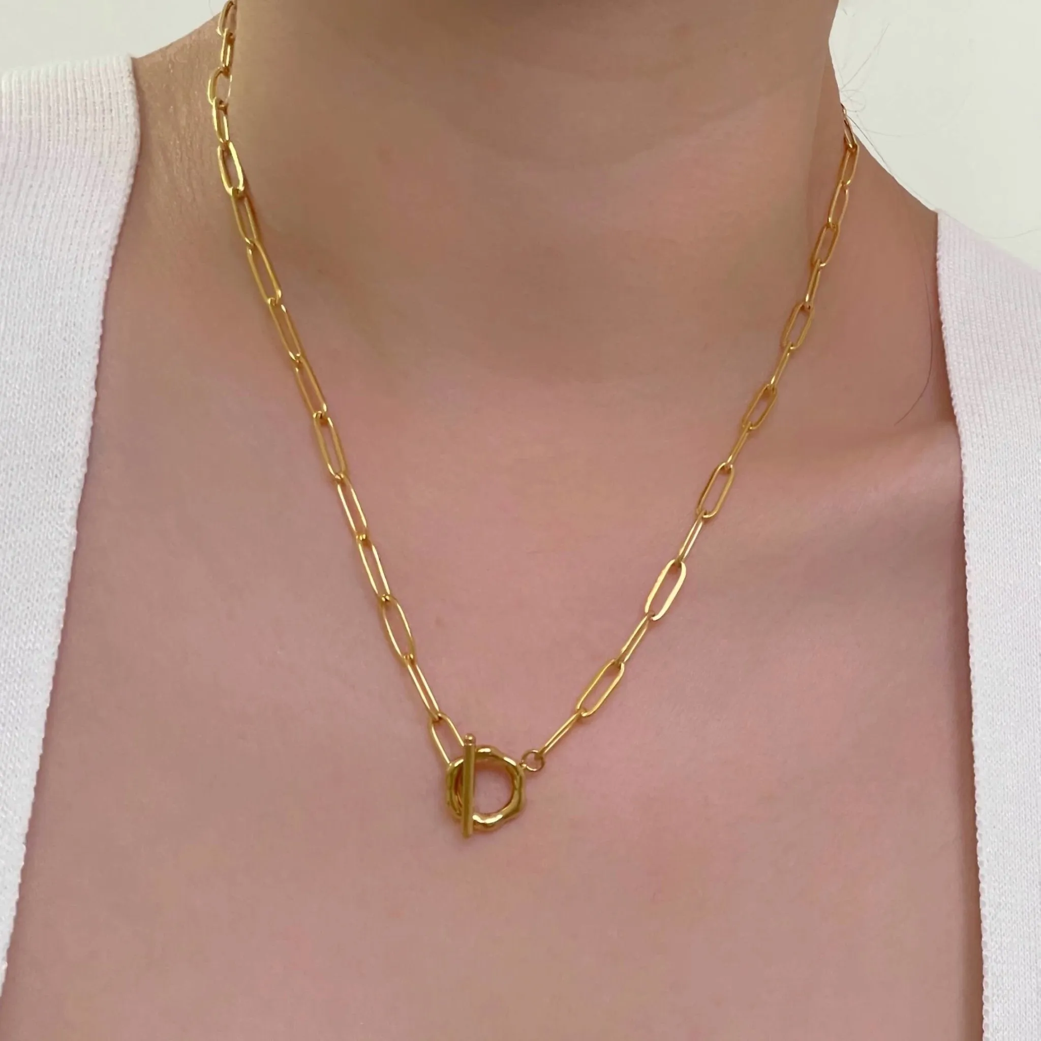 Flower Toggle Paperclip Necklace Gold