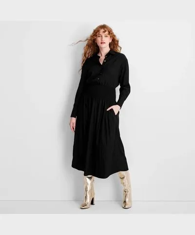 Future Collective Women's Collared Long Sleeve Smocked Midi Shirtdress