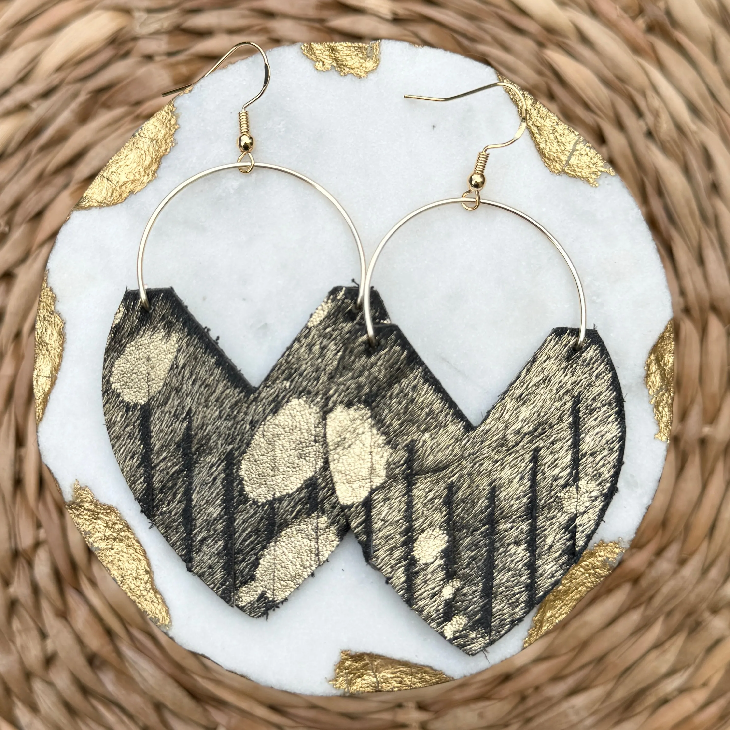 Glam Hoops - Black + Gold Acid Wash - Leather Earrings