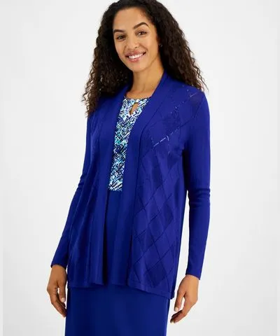 Kasper Women's Pointelle Open-Front Long-Sleeve Cardigan