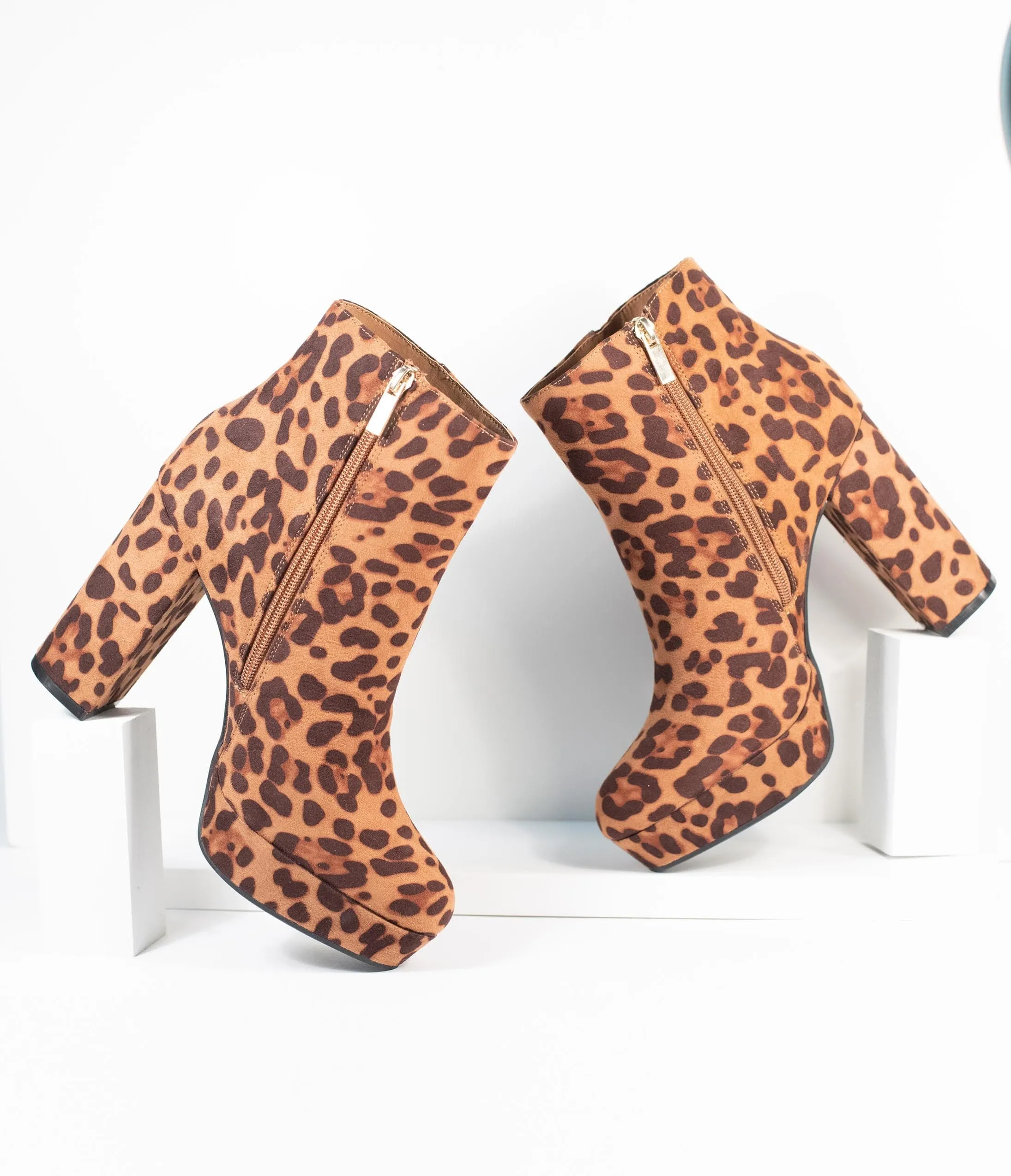 Leopard Print Suede Platform Heel Booties