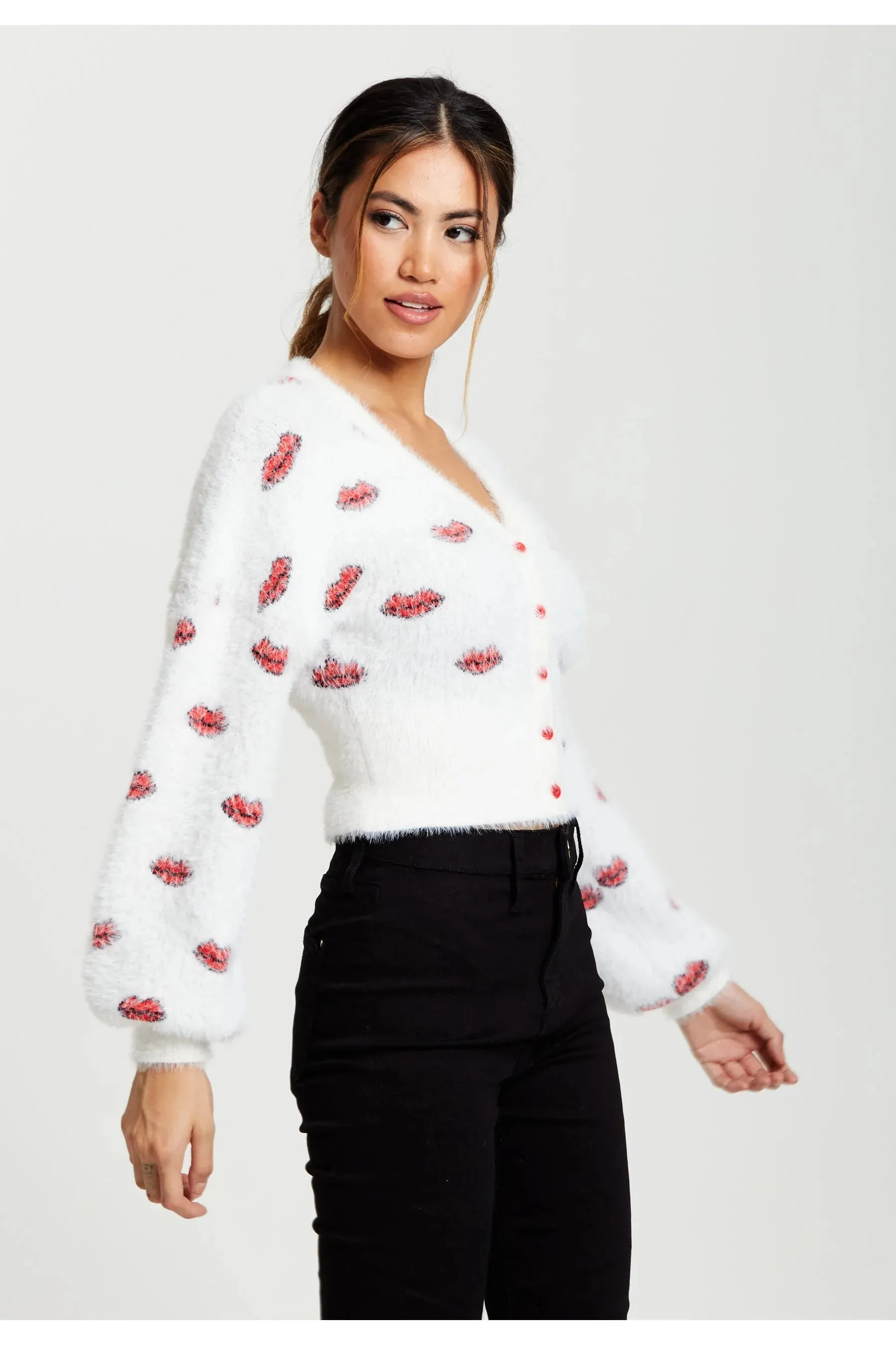 Liquorish Red Lip Pattern Fluffy Cardigan In White