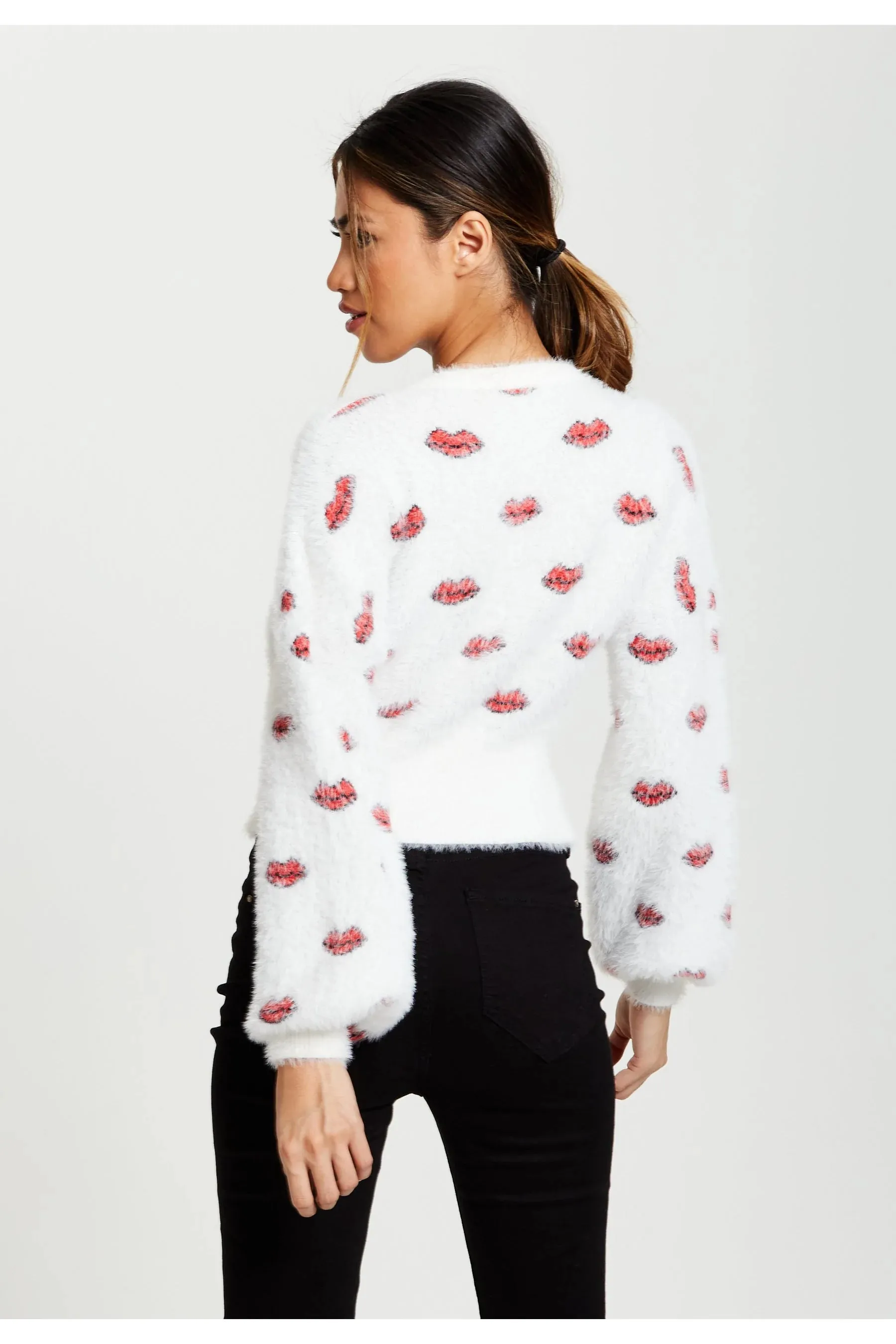 Liquorish Red Lip Pattern Fluffy Cardigan In White