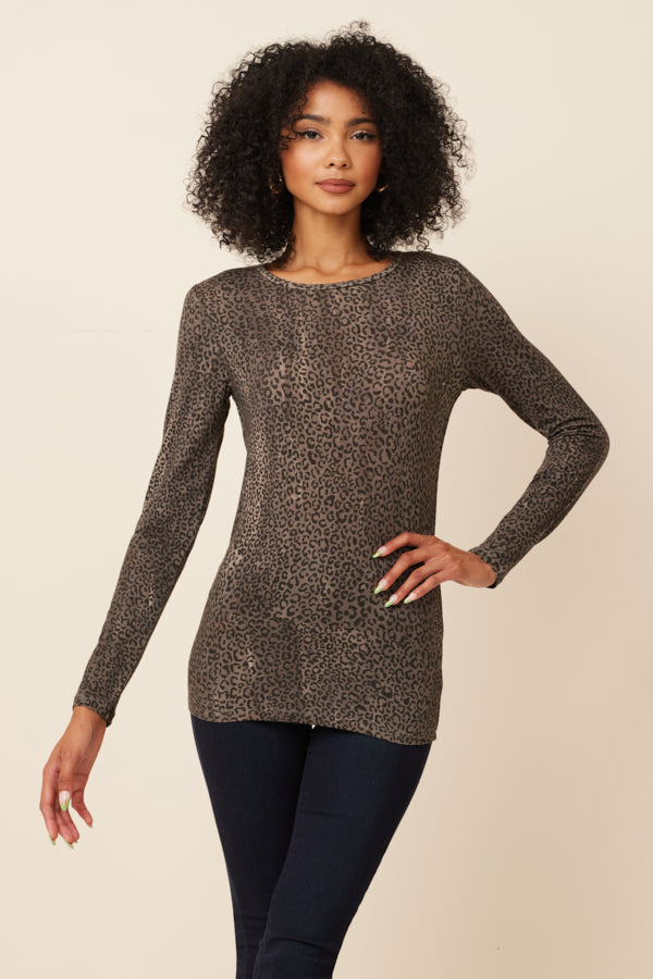 Lyocell Cashmere Stretch Cheetah Long Sleeve Crewneck in Kaki