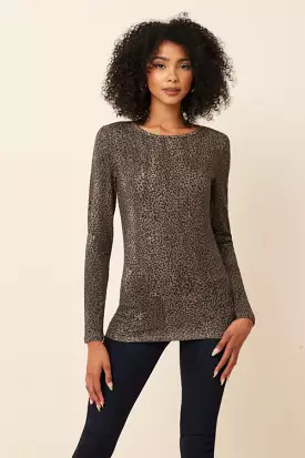 Lyocell Cashmere Stretch Cheetah Long Sleeve Crewneck in Kaki