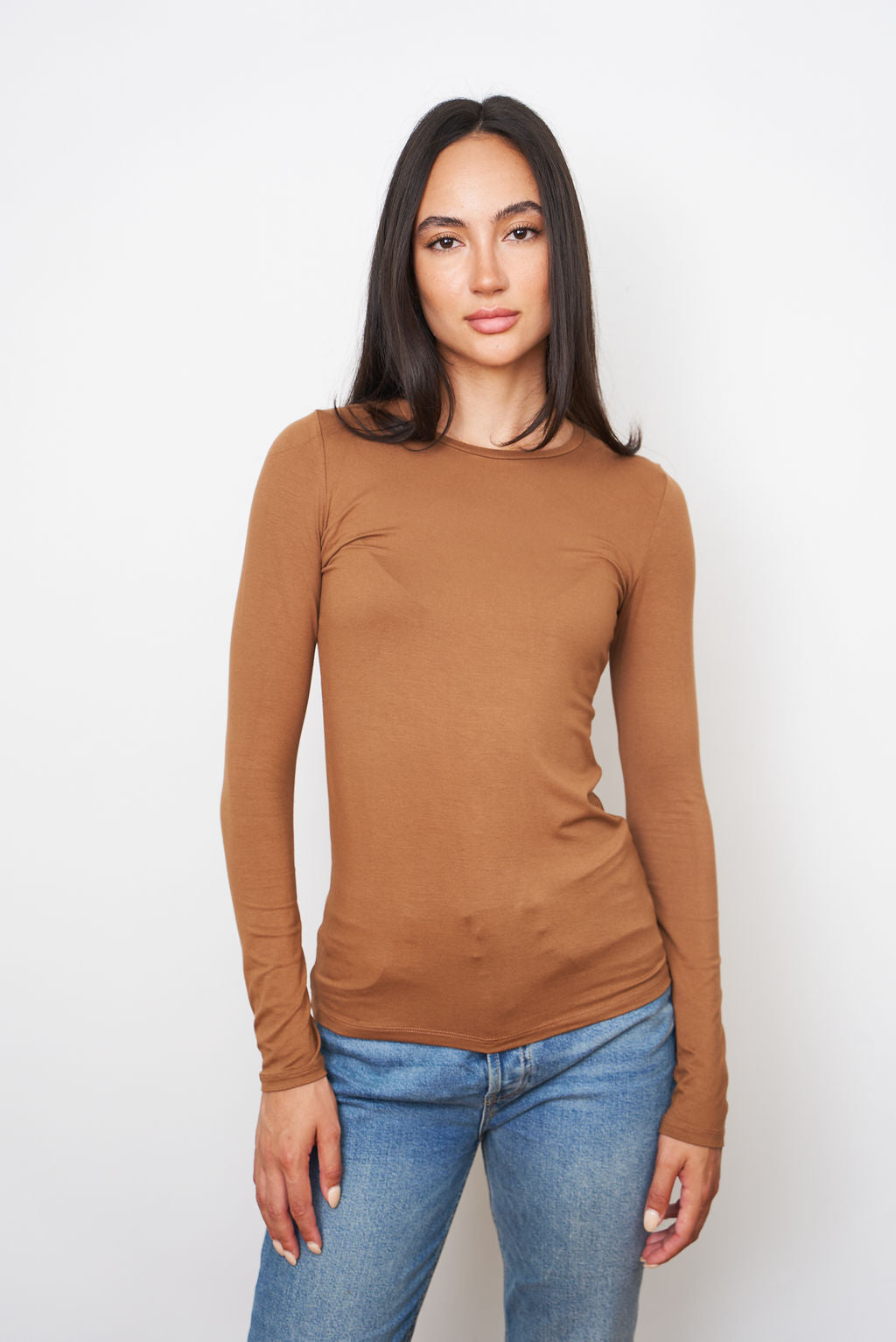 Majestic Soft Touch Long Sleeve Viscose Crewneck in Bison