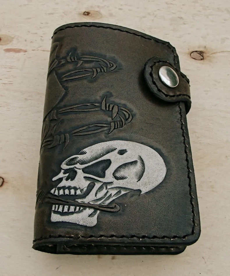 Man leather wallet biker style with white skull