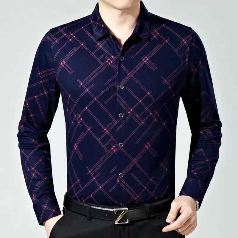 Men's Fashion Plaid Pattern Casual Business Slim Fit Long Sleeve Shirt