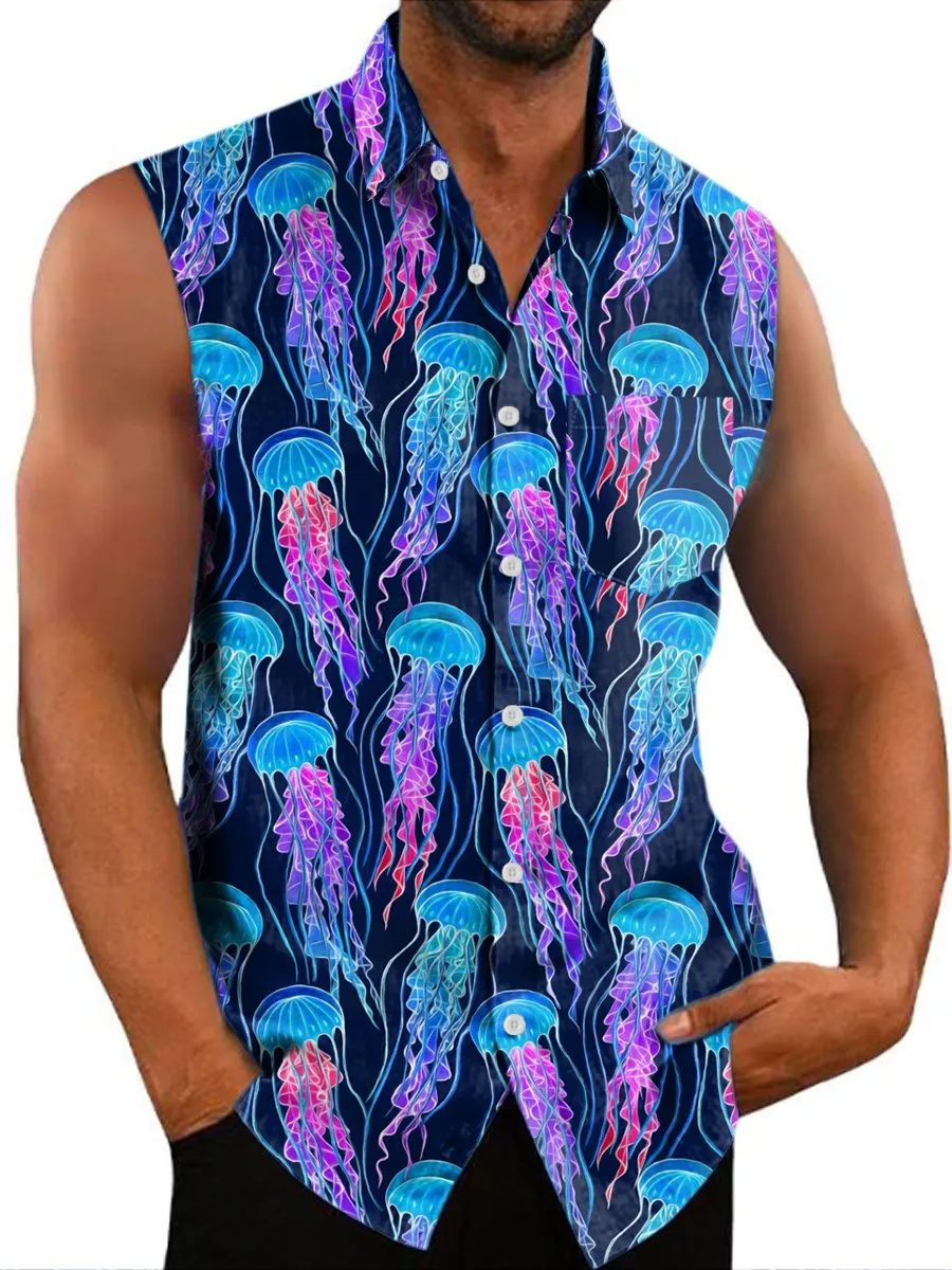 Men's Glow Rainbow Jellyfish Sleeveless Pocket Lounge Shirt