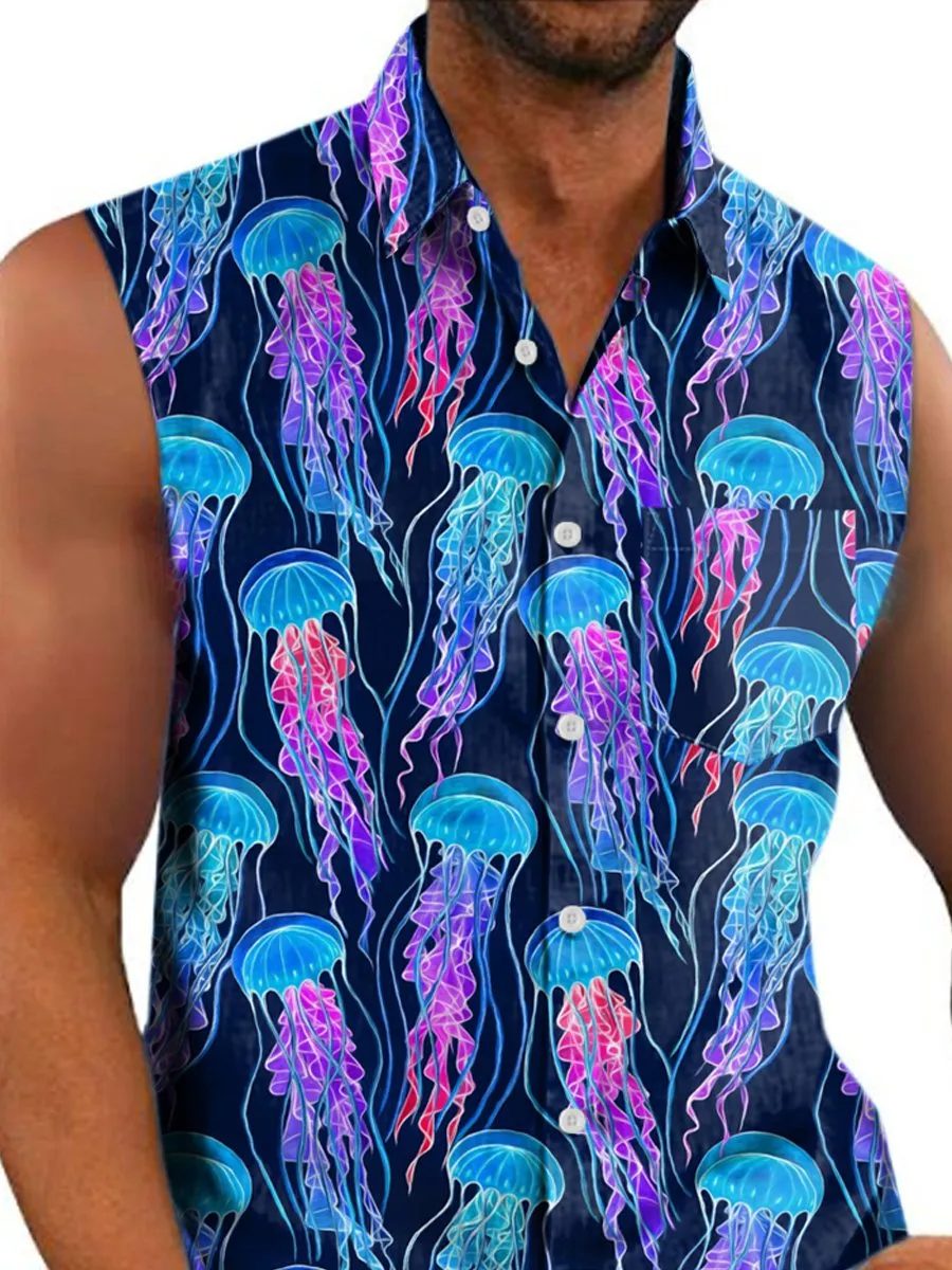 Men's Glow Rainbow Jellyfish Sleeveless Pocket Lounge Shirt