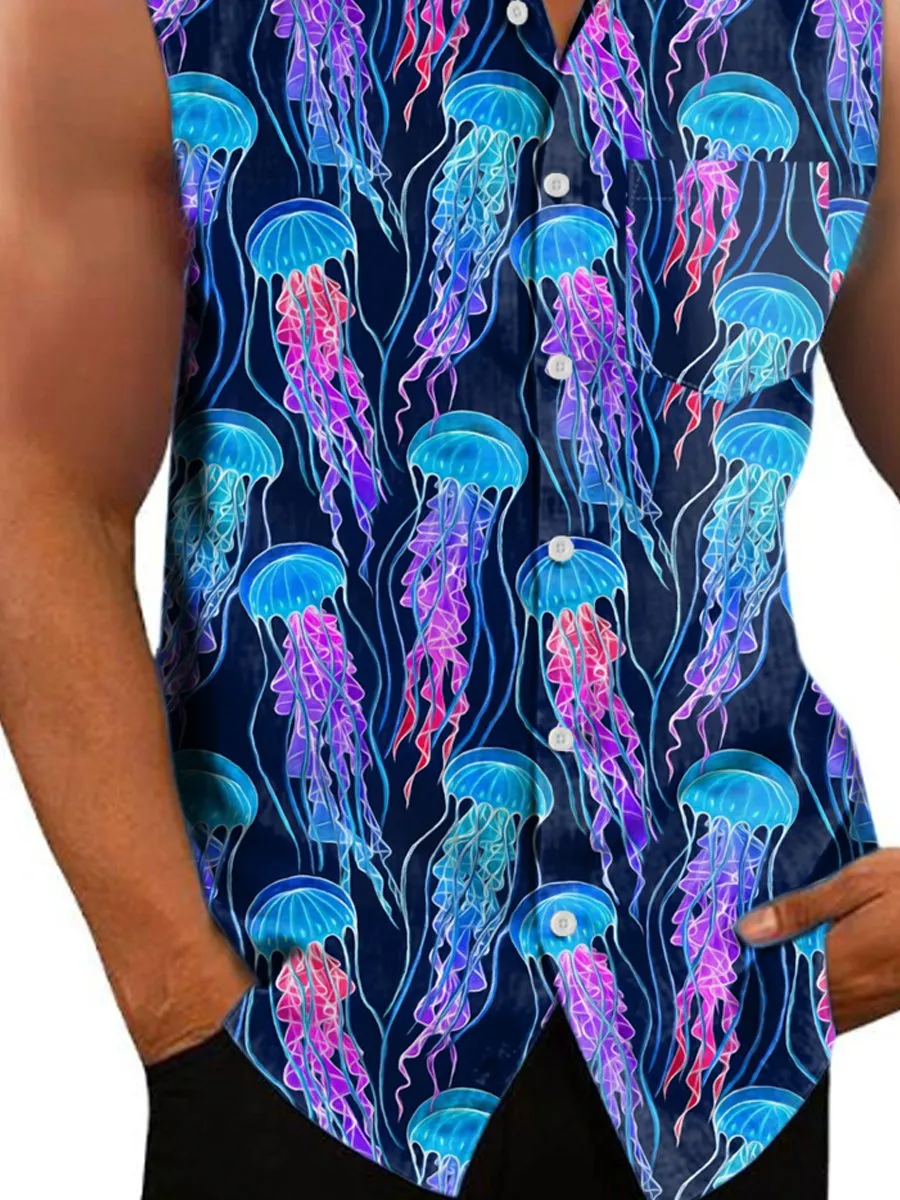 Men's Glow Rainbow Jellyfish Sleeveless Pocket Lounge Shirt