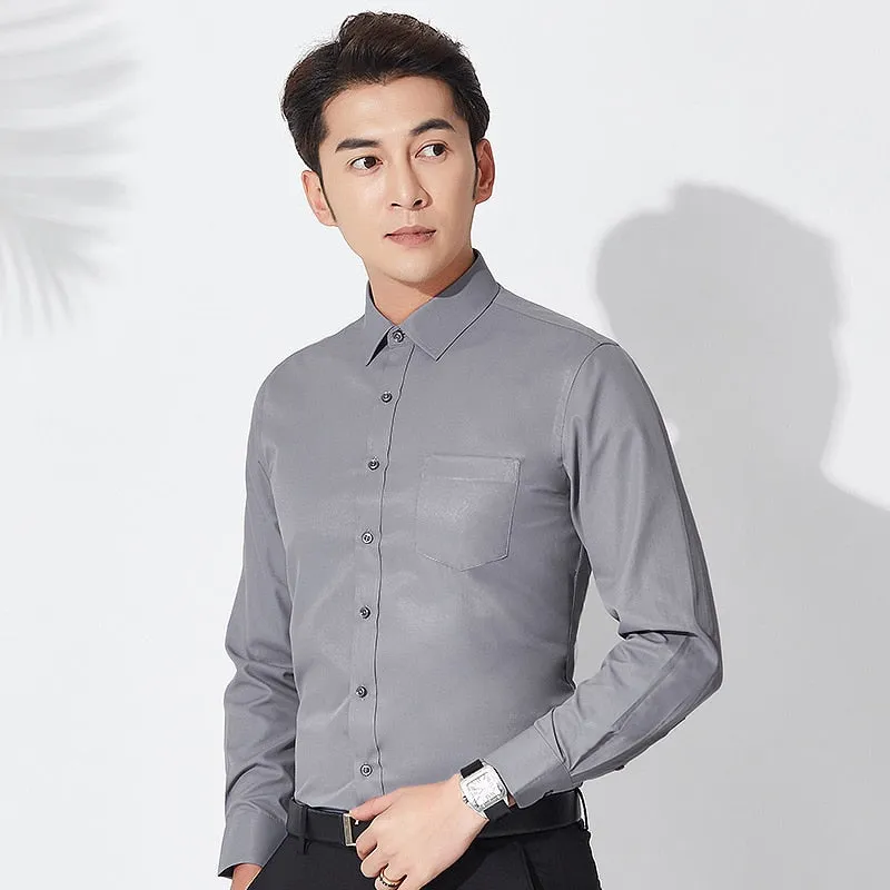 Men's Solid Color Single Patch Pocket Standard-fit Long Sleeve Shirt