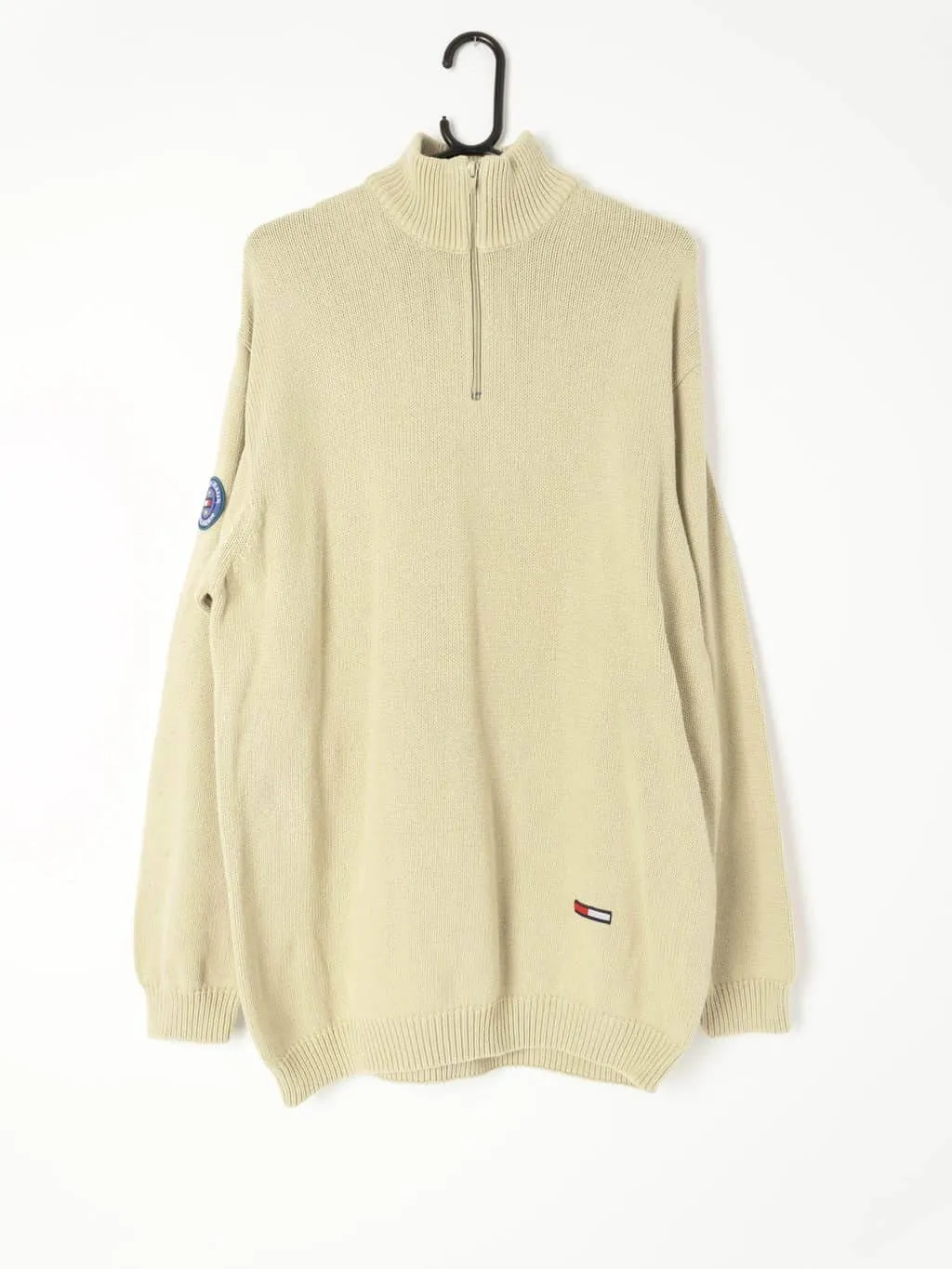 Mens vintage 90s Tommy Hilfiger knitted quarter zip pullover in beige – XL / 2XL