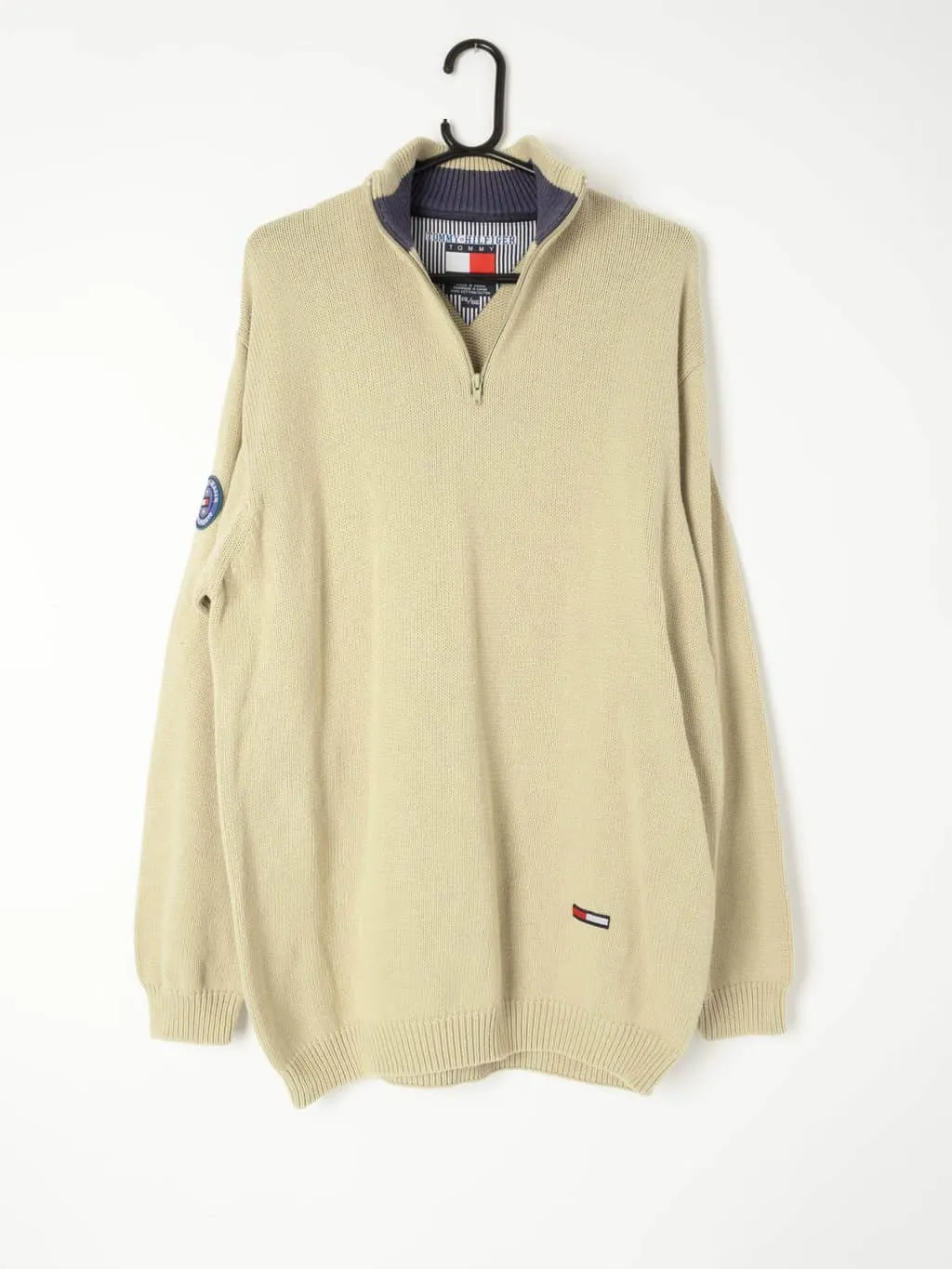 Mens vintage 90s Tommy Hilfiger knitted quarter zip pullover in beige – XL / 2XL